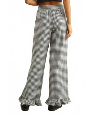 Miou Muse Crinkled Gingham Printed Pants With Ruffle Hem - Gray