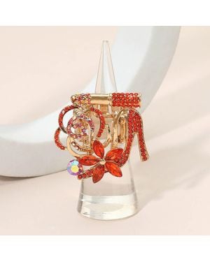 Fashnzfab Rhinestone Pave High Heel Flower Lipstick Stretch Ring - Red