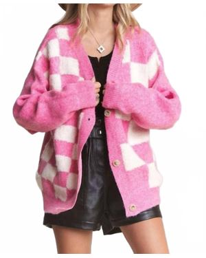 Madelyn Puff Checker Sweater Cardigan - Pink