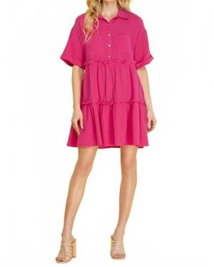 She + Sky Half Sleeve Button Down Collared Tiered Gauze Dress - Pink