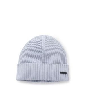 BOSS Rib-Knit Virgin-Wool Beanie With Logo Plaque - Blue