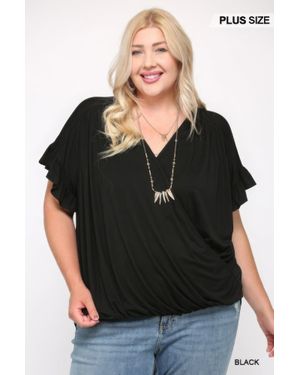 TRUEDAMES Solid Viscose Knit Surplice Top With Ruffle Sleeve - Black