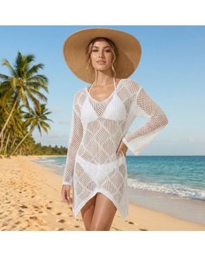 TRUEDAMES Diamond Crochet Bell Long Sleeves Beach Cover Up Top - Blue