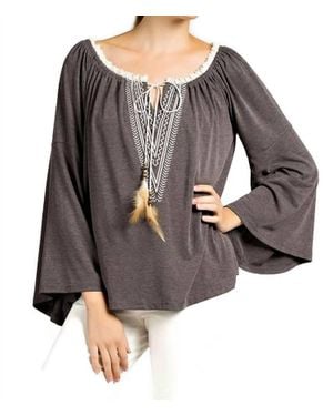 Kori Embroidered Bell Sleeve Knit Top - Gray