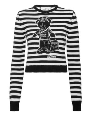 Philipp Plein Striped Round Neck Pullover Teddy - Black