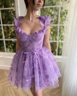 TRUEDAMES Spaghetti Strap Flower Fairy High-End Gown Banquet Party Elegant Evening Dress - Purple
