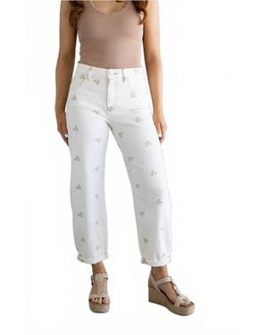 Risen Heirloom Embroidered Barrel Denim Jeans - White