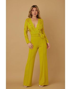 TRUEDAMES Lace Crochet Long Sleeve Jumpsuit - Yellow