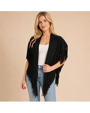 TRUEDAMES Faux Suede Open Front Western Tassel Shawl Poncho - Black