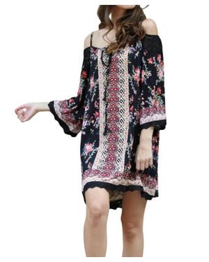 Angie Floral Twin Print Cold Shoulder Dress - Black