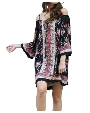Angie Floral Twin Print Cold Shoulder Dress - Black