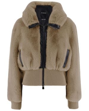 Pinko Plush Faux Fur Jacket With High Collar And Zippered Pockets - Brown
