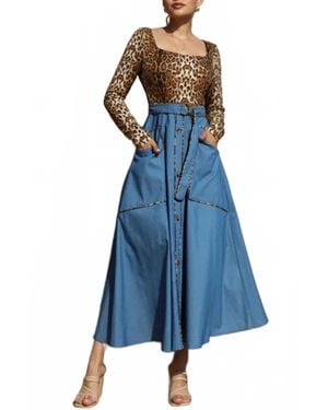 Dress Day Belted Leopard Knit Top Denim Button Up Midi Dress - Blue