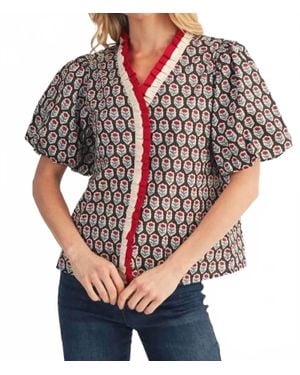 Jodifil Short Puff Sleeves Floral Top With Color Contrast Ruffle Detail - Brown