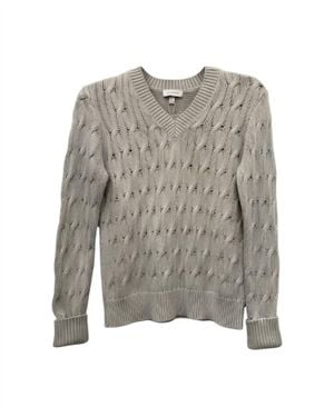 Kinross Cashmere Cable V-Neck Sweater - Gray