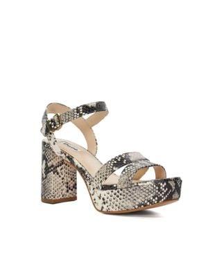 Dune Molten Sandals Natural Snake Print Block Heel Htat1023 - Metallic