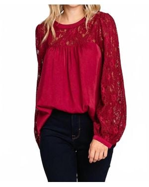 Davi & Dani Soft Satin Blouse With Contrast Lace Neck - Red