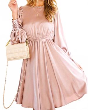 Vine & Love Elsa Satin Long Sleeve Midi Dress - Pink