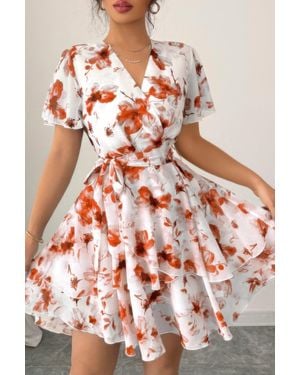 TRUEDAMES Floral V Neck Ruffle Sleeve Tie Belt Dress - Red