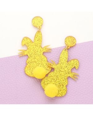 Fashnzfab Glittered Resin Easter Bunny Pom Pom Tail Dangle Earrings - Yellow