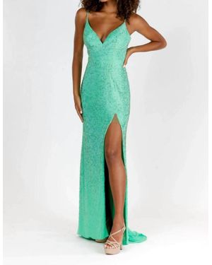 Vienna Prom Elegant Crystals High Slit Long Gown - Green
