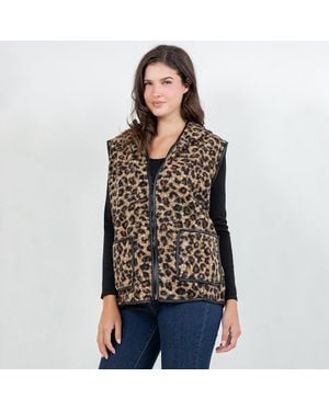 TRUEDAMES Sherpa Leopard Print Zip Front Vest - Black
