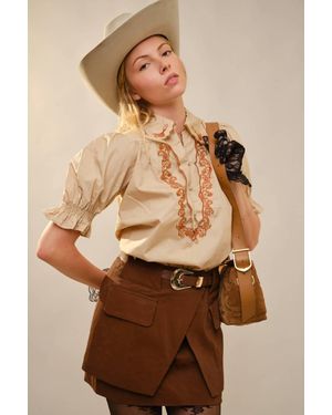 Blue B Embroidered Scallop Collar Puff Sleeve Top - Brown