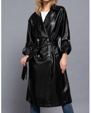 ACTIVE USA Double Breasted Faux Leather Trench Coat - Black