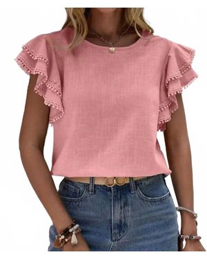 Lovesoft Ruffle Sleeve Pom Pom Top - Red