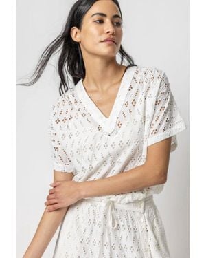 Lilla P Eyelet Drawstring Dolman V-Neck Top - White