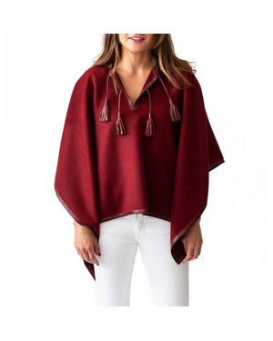 Stick & Ball Leather Trim Baby Alpaca Poncho - Red