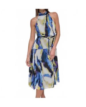 DKNY Sleeveless Halter Chiffon Dress - Blue
