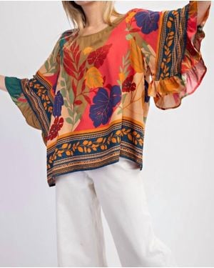 Easel Border Printed Rayon Challis Woven Top - White