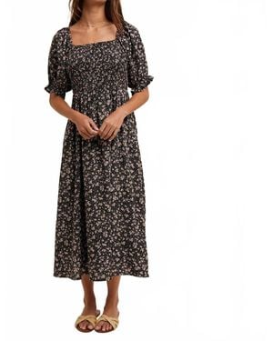 Wishlist Floral Smocked Puff Sleeve Midi Dress - Black