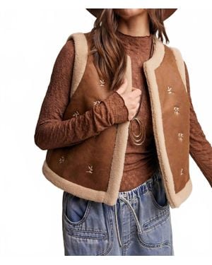 Listicle Embroidered Faux Suede Shearling Vest - Brown