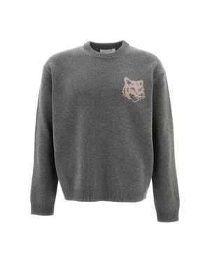 Maison Kitsuné Fox Head Intarsia Merino Wool High Neck Sweater - Gray