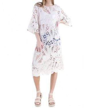 Original USA Cotton Boho Paisley Boat Neck Crochet Midi Dress - White