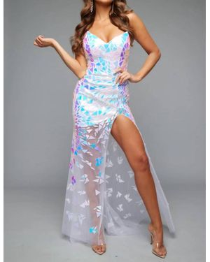 Jasz Couture Holographic Sheer Overlay Dress - Gray