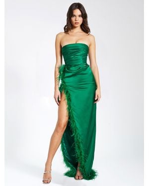Miss Circle Perrin Emerald Feather Dress High Slit Gown - Green