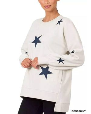 Zenana Star Print Hi-Low Sweatshirt - Gray