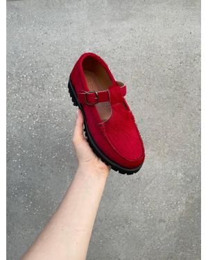 Sesa Footwear Providence Hairy Calfskin T-Strap Loafer - Red