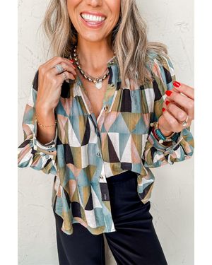 TRUEDAMES Geometric Print Buttoned Balloon Sleeve Loose Fit Shirt - White