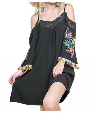 Umgee Floral Embroided Pom And Tassel Mini Dress - Black