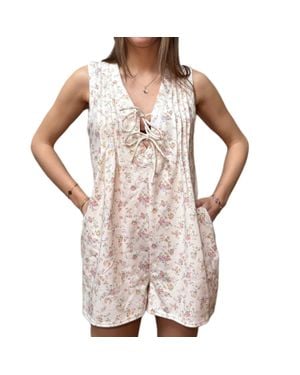 Main Strip Floral Tie Front Romper - Purple