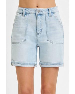 Risen High Rise Patch Pocket Cuffed Relaxed Shorts - Blue