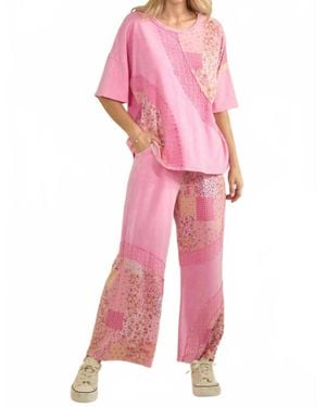 J. Her Mineral Washed Spring Picnic Print Lace Blouse Top - Pink