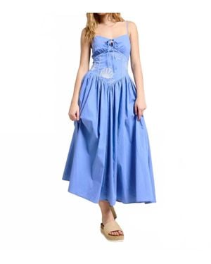 Flat White Ocean Embroidered Midi Dress - Blue