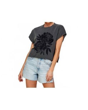Illustrated Society Peony Flower Graphic Crop Top - Black