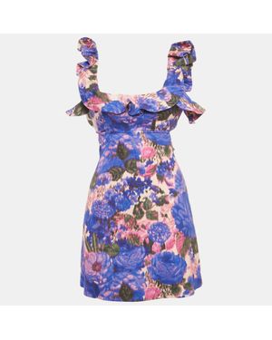 Zimmermann Floral Linen High Tide Frilled Mini Dress - Blue