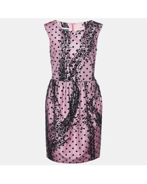 Moschino Couture Printed Satin & Polka Dot Tulle Sleeveless Sheath Dress - Purple